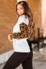 White & Black Color Block Cheetah Print Sleeve V Neck Sweater