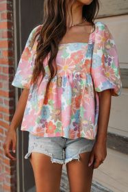 Pink Floral Puff Sleeve Square Neck Babydoll Blouse (size: (US 20-22)2XL)