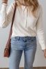 White Solid Color Waffle Long Sleeve Henley Top