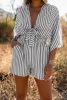 Grey Striped Print Tie Knot Front Romper With Pockets
