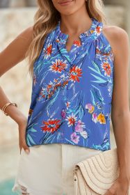 Sky Blue Boho Floral Print Button Front Sleeveless Blouse (size: (US 8-10)M)