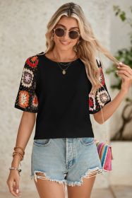 Black Floral Hollowed Crochet Sleeve Boho T Shirt (size: (US 8-10)M)