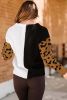 White & Black Color Block Cheetah Print Sleeve V Neck Sweater