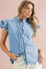 Beau Blue Button Front Ruffled Flutter Frayed Denim Top