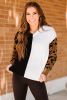 White & Black Color Block Cheetah Print Sleeve V Neck Sweater