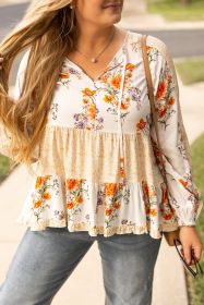 White Plus Size Floral Print V Neck Puff Sleeve Blouse (size: (US 14W-16W)1X)