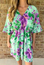 Green Lily Floral V Neck Empire Waist Mini Dress (size: (US 12-14)L)