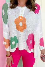 White 60s Flower Print Drop Sleeve Henley Sweater (size: (US 4-6)S)