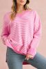 Pink Striped Scallop V Neck Split Knitted Sweater