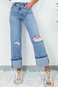 Dusk Blue High Rise Asymmetric Button Zip Fly Ripped Jeans (size: 14)