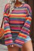 Red Ethnic Striped Print Long Sleeve Plus Size Knit Top