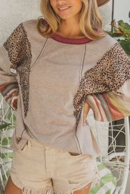 Khaki Leopard Contrast Exposed Seam Long Sleeve Top (size: (US 4-6)S)