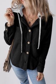 Black Pockets Drawstring Hooded Corduroy Shacket (size: (US 8-10)M)