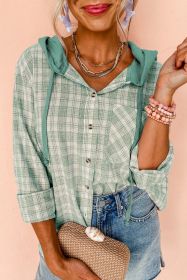 Green Checkered Print Hooded Patchwork Loose Fit Shacket (size: (US 4-6)S)