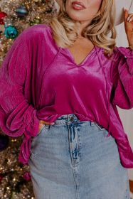 Bright Pink Plus Size Ruffled Sleeve V Neck Velvet Blouse (size: (US 22W-24W)3X)