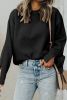 Black Solid Textured Knit Split Cuff Drop Shoulder Loose Sweater