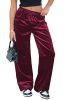 Burgundy Solid Drawstring Waist Wide Leg Pants