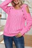 Bright Pink Button Square Neck Cut Out Sleeve Twisted Knit Sweater