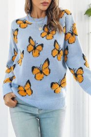 Sky Blue Dimensional Butterfly Pattern Round Neck Sweater (size: (US 4-6)S)
