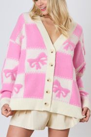 Pink Bowknot and Checkered Drop Shoulder Cardigan (size: (US 8-10)M)
