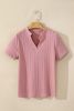 Pink Twisted Textured V-Neck Short Sleeve Blouse