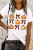 White Halloween Pumpkin Bow Knot Graphic Crew Neck Tee
