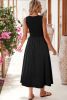 Black Solid Color Knitted Patchwork Sleeveless Midi Dress