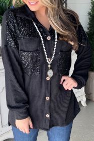 Black Sequin Patch Chest Pocket Corded Shacket (size: (US 8-10)M)