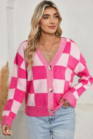 Pink Checkered Drop Shoulder Buttoned V Neck Cardigan (size: (US 20-22)2XL)