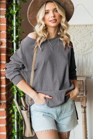 Grey Drop Shoulder Side Slit Pullover Long Sleeve Top (size: (US 12-14)L)