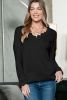 Black Ribbed Texture Lace Trim V Neck Long Sleeve Top