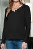 Black Ribbed Texture Lace Trim V Neck Long Sleeve Top