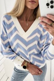 Sky Blue Zigzag Striped Print V Neck Sweater (size: (US 4-6)S)