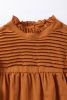 Camel Ruffle Solid Color Pleated Smocked Long Sleeve Blouse
