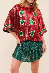 Red Sequin Christmas Tree Loose Bell Sleeve Top (size: (US 4-6)S)
