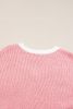 Pink Floral Patched Contrast Trim V Neck Sweater