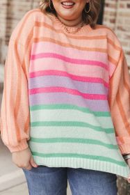 Pink Stripe Color Block Balloon Sleeve Crewneck Plus Size Sweater (size: (US 22W-24W)3X)