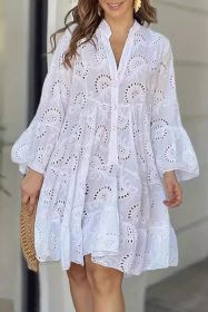 White Lace Embroidery Hollow Flower V Neck Loose Short Dress (size: (US 8-10)M)