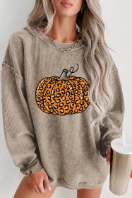 Khaki Halloween Leopard Pumpkin Graphic Corded Sweatshirt (size: (US 8-10)M)