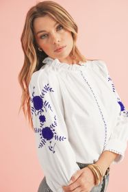 White Floral Embroidered Button Up Boho Blouse (size: (US 12-14)L)