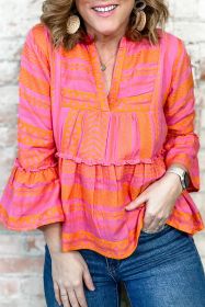 Vitality Orange Geometric Bell Sleeve Plus Size Babydoll Top (size: (US 22W-24W)3X)