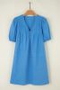 Blue Plain Pleated Button V Neck Puff Sleeve Mini Dress