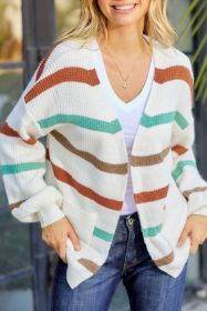 Beige Stripe Pocket Drop Shoulder Cable Knit Cardigan (size: (US 22-24)3XL)