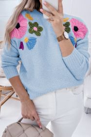 Light Blue 60s Flower Pattern Ribbed Edge Sweater (size: (US 8-10)M)