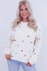 Beige Sequin Heart Pattern Round Neck Knit Sweater