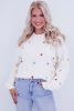 Beige Sequin Heart Pattern Round Neck Knit Sweater