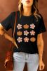 Black Pumpkin Flower Print Short Sleeve Graphic T Shirt