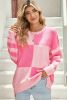 Pink Checkered Color Block Striped High Low Sweater