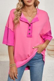Rose Red Contrast Color Patchwork Oversized Henley T Shirt (size: (US 8-10)M)