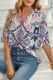 White Abstract Print V-Neck Half Tulip Sleeve Blouse (size: (US 8-10)M)